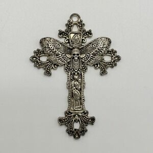 Ornate Gothic Moth Cross Silver Christian Skull Face Pendant Jewelry